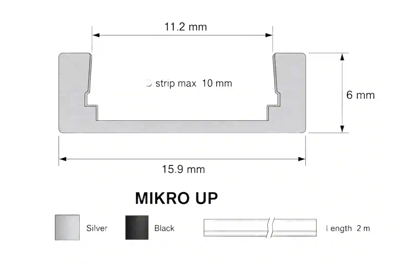 Pohled zepředu na LED profil Mikro-U kanál 11,2mm pro pásek max 10mm stříbrný nebo černý 2m